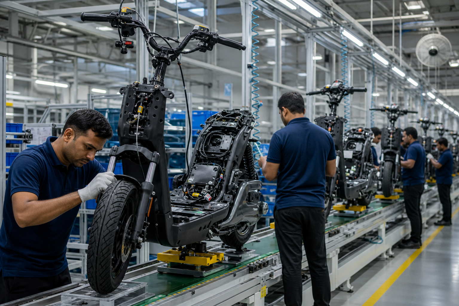 Workers assembling electric scooters on the production line at Sweeraj EV Automotive manufacturing plant
