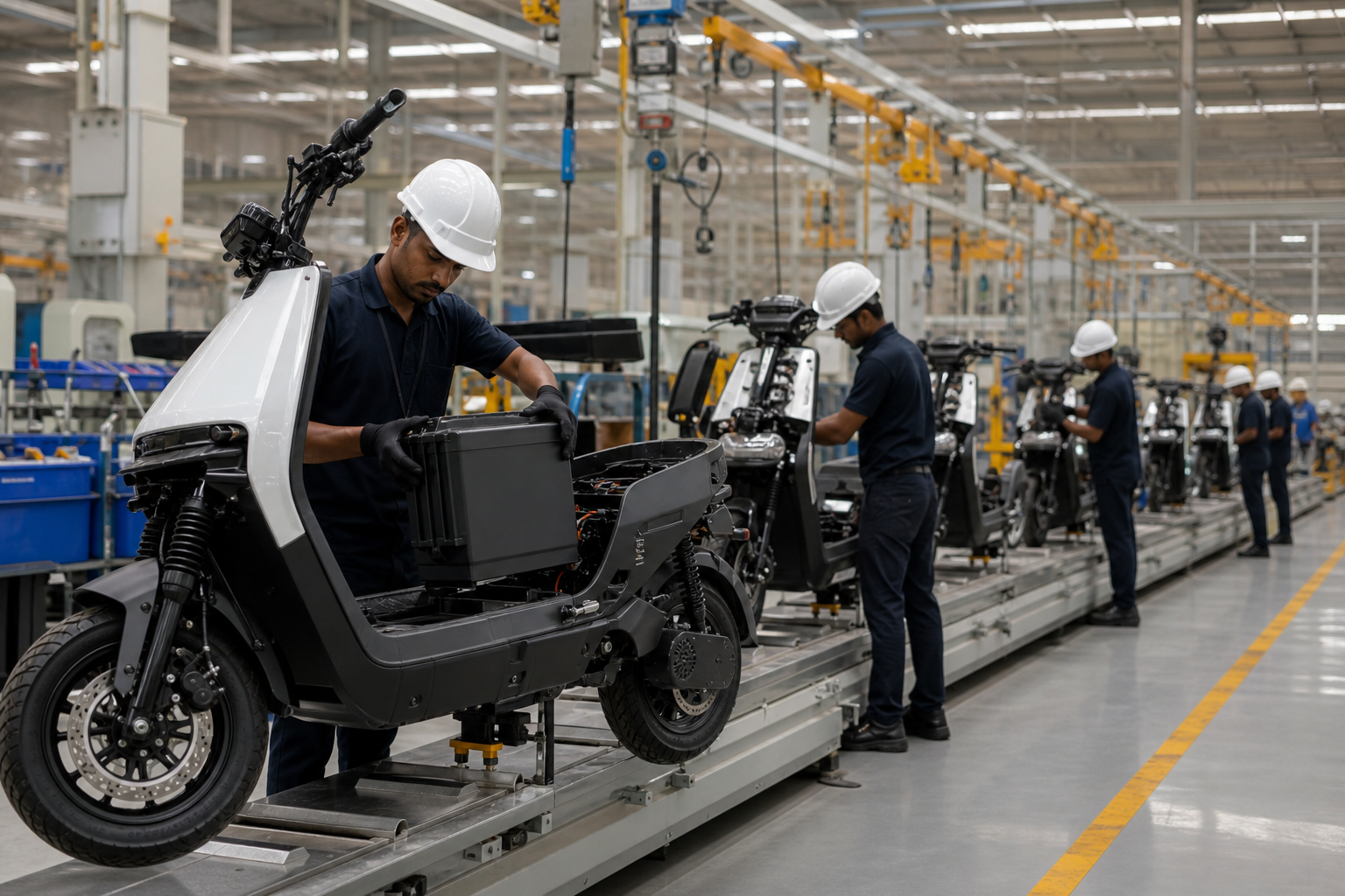 Worker installing battery pack into electric scooter on production line