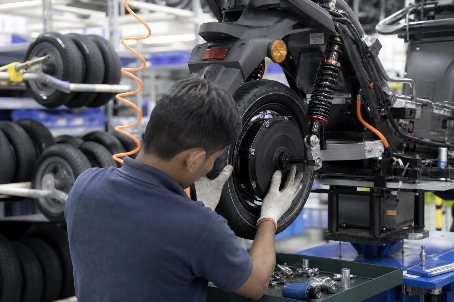 Hub motor being fitted into electric scooter wheel at assembly station