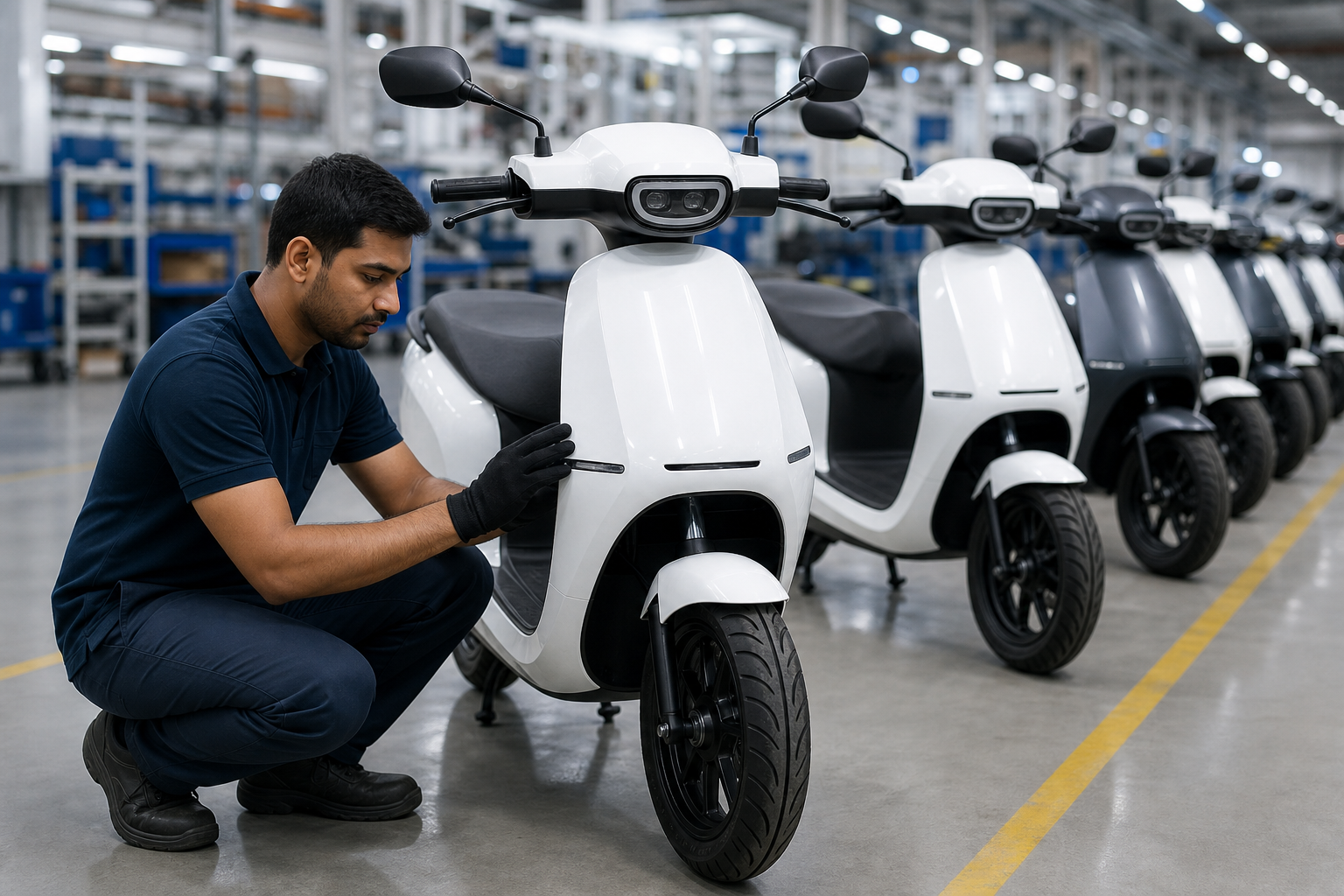 Technician inspecting finished electric scooters on factory floor