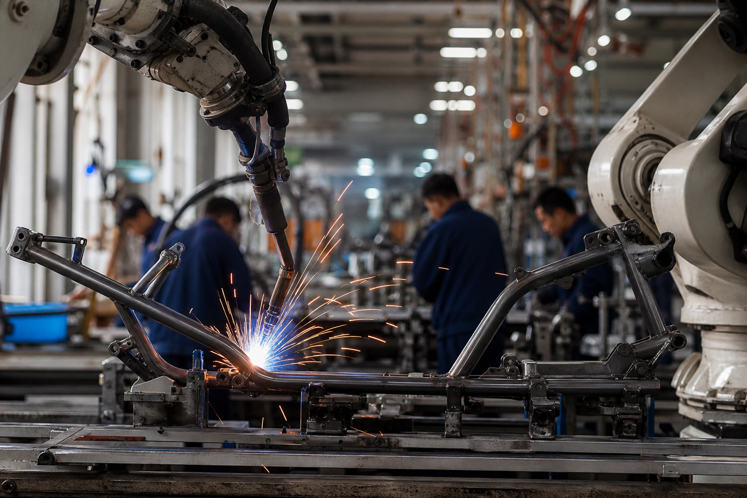 Robotic welding of electric scooter chassis frame in factory
